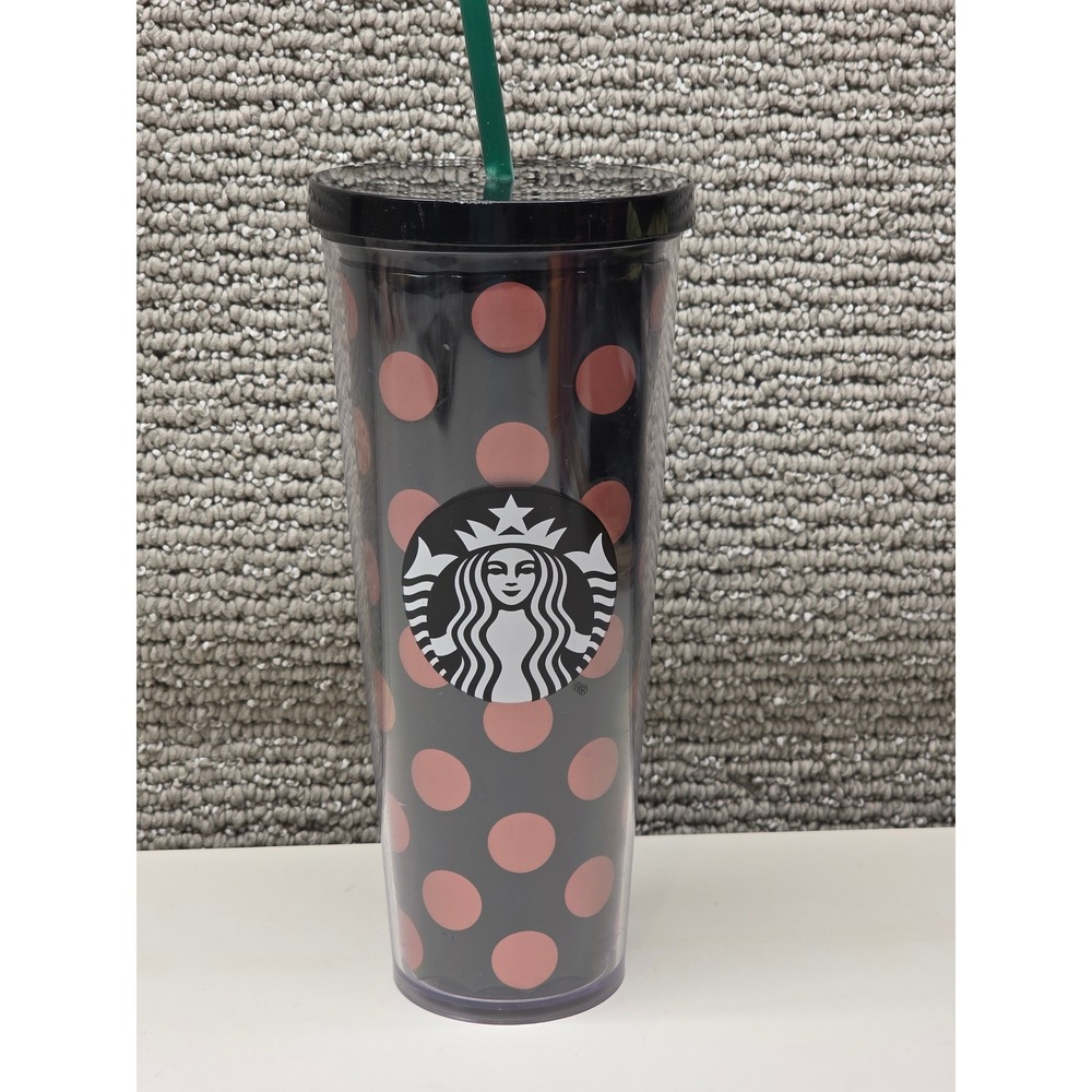 Starbucks Venti Cold Cup Tumbler Black‎ Pink Polka Dot Logo 24oz Green Straw